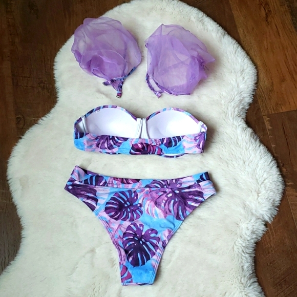 Purple Puff Sleeve Push Up Top Cheeky Bikini Set - Picture 5 of 6